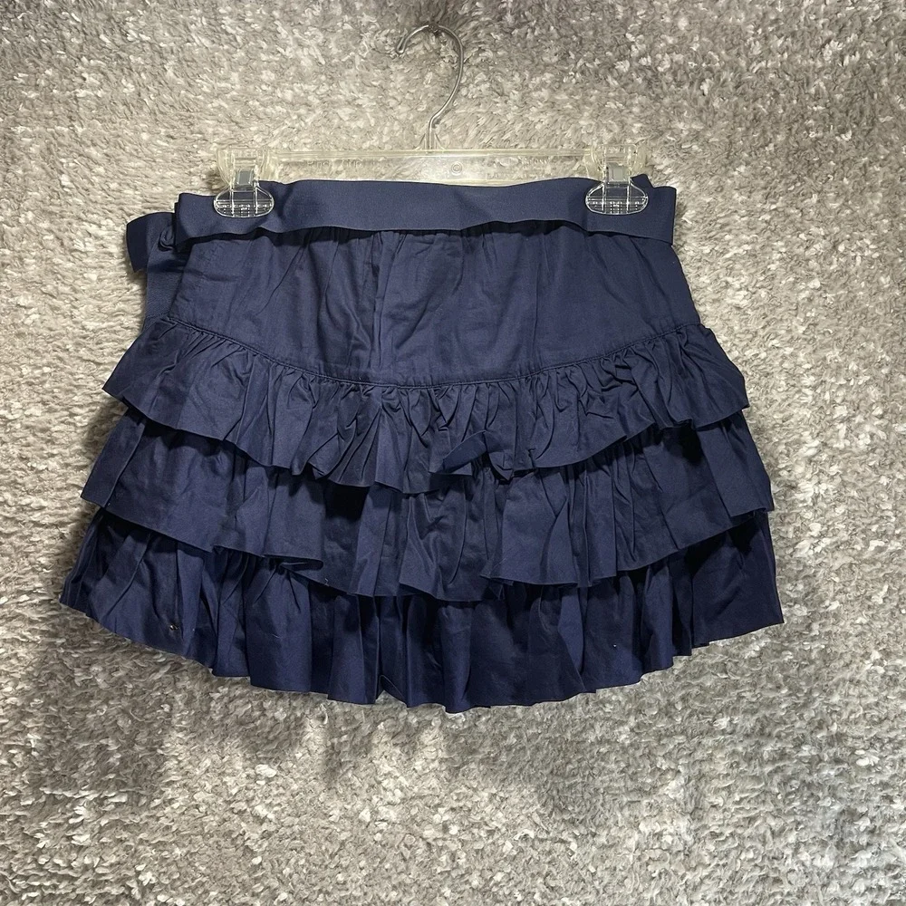 Ralph Lauren Girls Navy Tiered Pull On Ruffle Skirt Belted Sz 12 Preppy‎